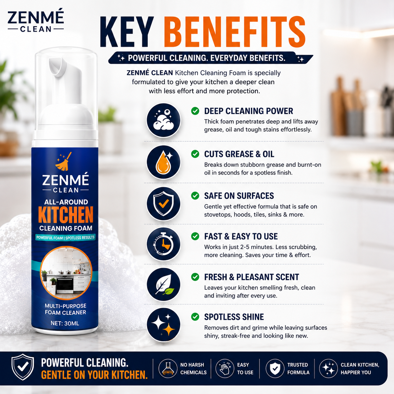 Heavy-Duty Kitchen Foaming Degreaser & Cleaner - Zenme Clean