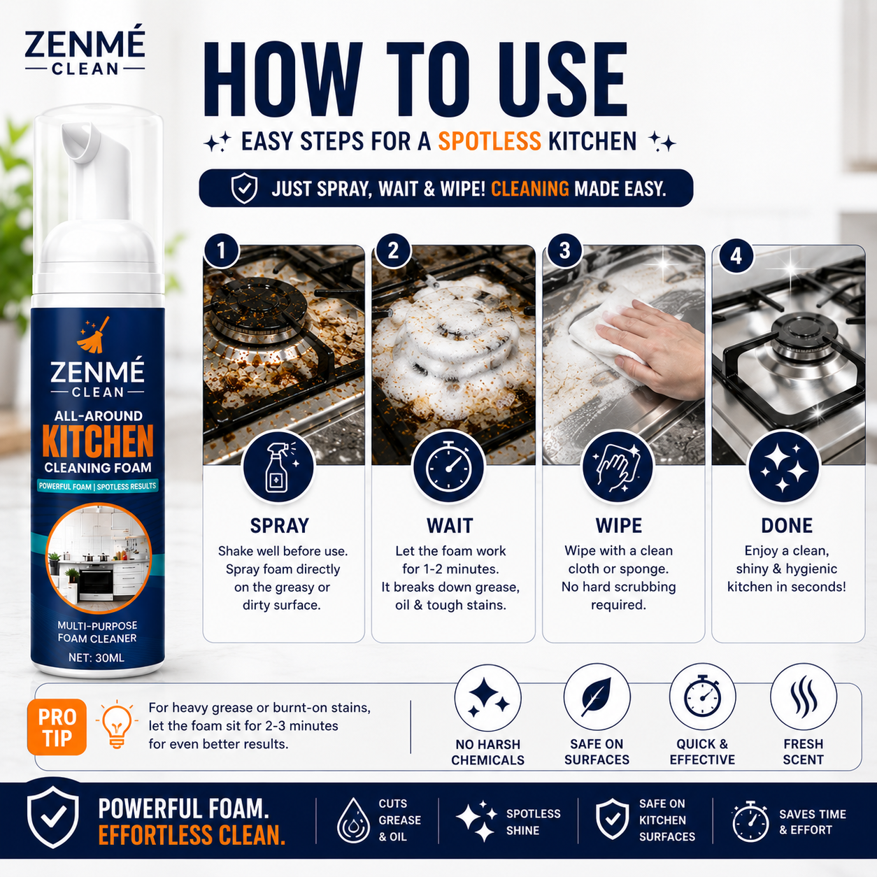 Heavy-Duty Kitchen Foaming Degreaser & Cleaner - Zenme Clean